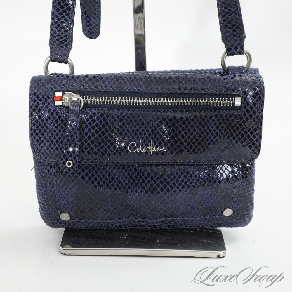 CLUB NIGHT PERFECT COLE HAAN PURPLE INFUSED BLUE GLAZED SNAKESKIN CROSSBODY BAG